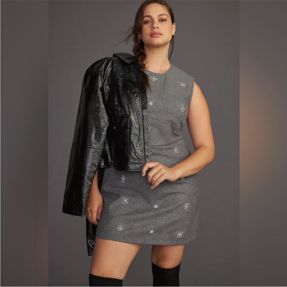 Anthropologie Vineet Bahl Dress Crystal Embellished Shift Wool Mini in Grey - Picture 4 of 9